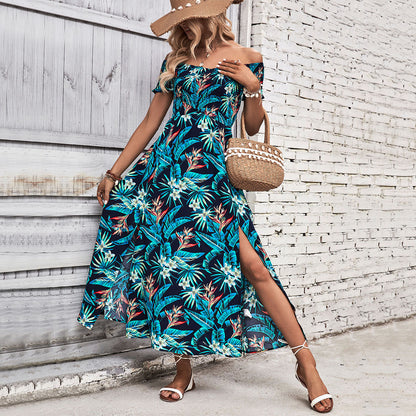 Robe Maxi Fleur Off-Shoulder Femmes avec Détail de Fente Haute Chic und Stil