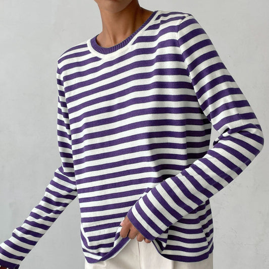 Femme pull à manches longues rayé avec col rond et coupe large Chic und Stil