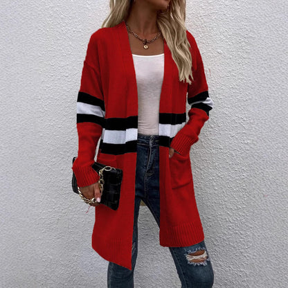 Cardigan long à manches longues pour femmes avec des rayures modernes et des poches pratiques Chic und Stil