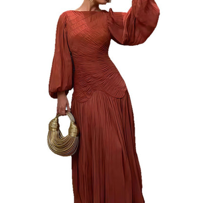 Dames Élégante Robe Maxi Plissée avec Ruches et Manches Longues Chic und Stil