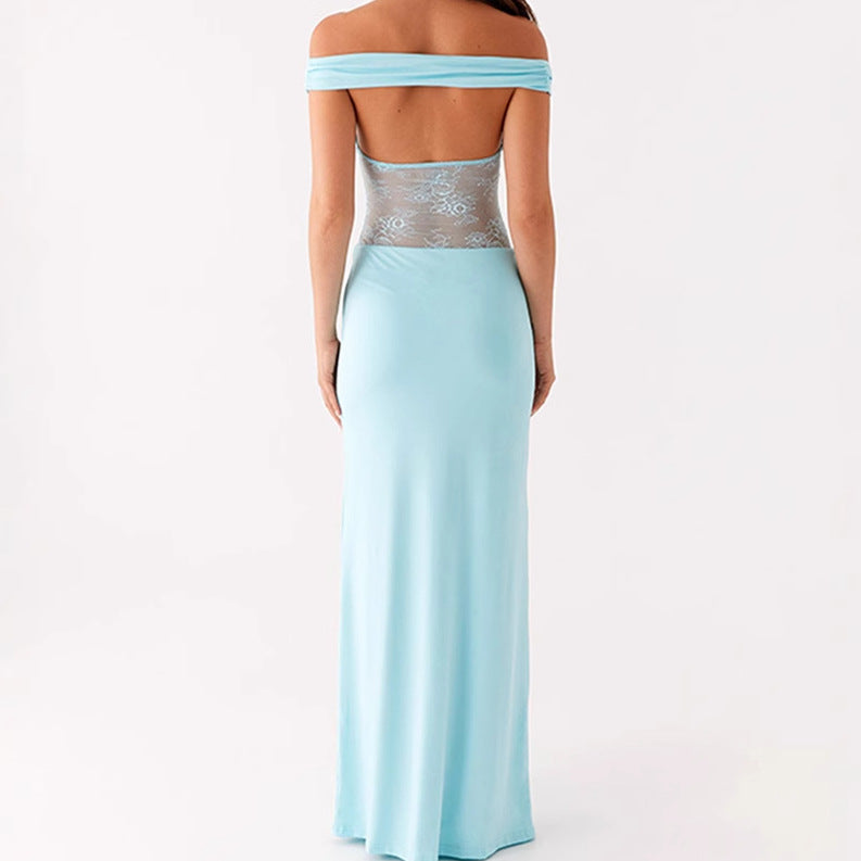 Femmes Élégante Robe Maxi Off-Shoulder avec Haut en Dentelle Transparent et Ourlet Élastique Étroit Chic und Stil