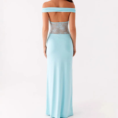 Femmes Élégante Robe Maxi Off-Shoulder avec Haut en Dentelle Transparent et Ourlet Élastique Étroit Chic und Stil