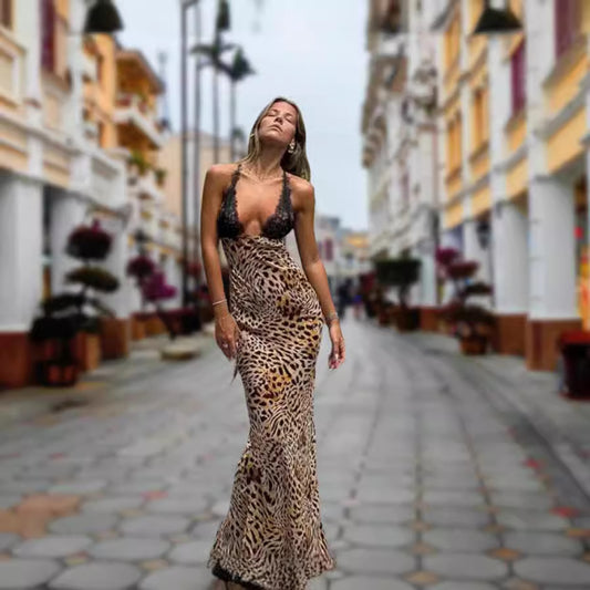 Dames Robe Maxi Élégante avec Imprimé Léopard et Décolleté Profond Chic und Stil