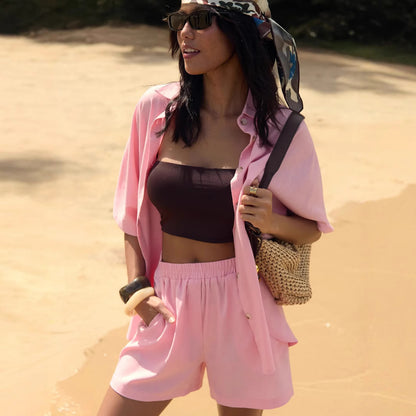 Women lightweight beach outfit with short sleeve blouse and shorts Chic and Style