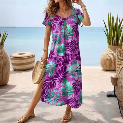 Robe maxi pour femmes avec un design élégant de feuilles tropicales et des fentes latérales Chic und Stil