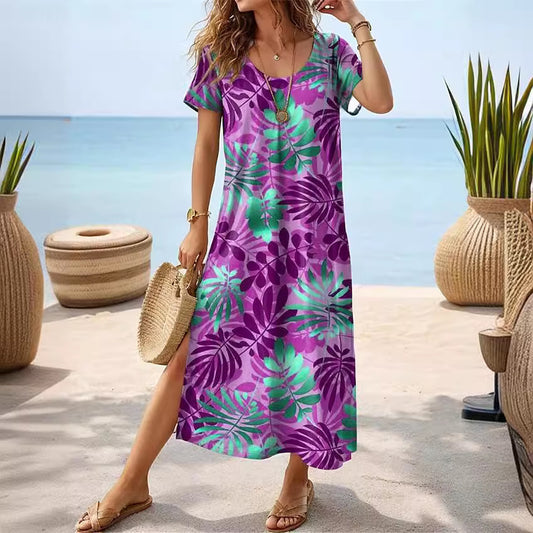 Robe maxi pour femmes avec un design élégant de feuilles tropicales et des fentes latérales Chic und Stil