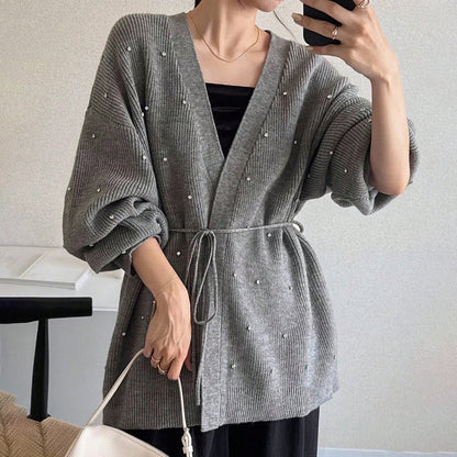 Dames Élégant Cardigan en Tricot avec Accent de Perles Chic und Stil