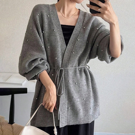 Dames Élégant Cardigan en Tricot avec Accent de Perles Chic und Stil