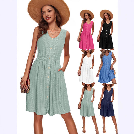 Robe d'été à boutons pour femmes avec ceinture élastique à la taille et poches pratiques Chic und Stil
