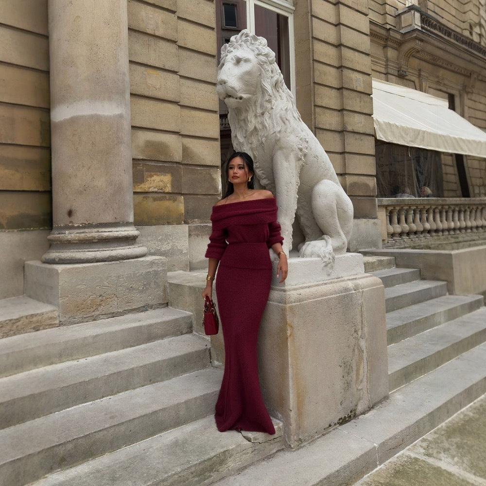 Robe maxi en tricot pour femmes avec décolleté off-shoulder et manches volumineuses Chic und Stil