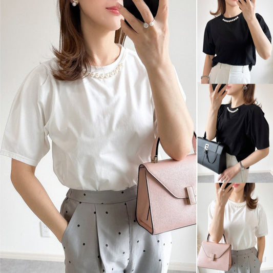 Dames Élégant haut à manches courtes avec accents de perles Chic und Stil