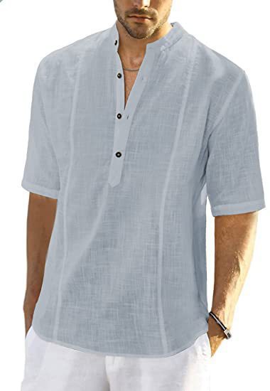 Chemise en lin à manches courtes pour hommes avec col montant et patte de boutonnage Chic und Stil