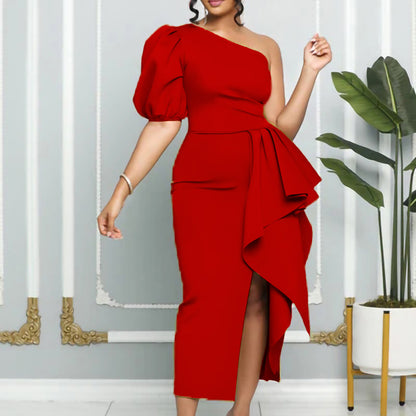 Dames Robe Élégante à Épaule Unique avec Élément Drapé Fluide Chic und Stil