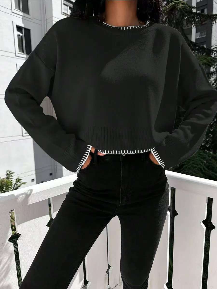 Femme pull court décontracté avec une fine structure en côtes et une taille élastique Chic und Stil
