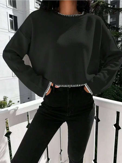 Femme pull court décontracté avec une fine structure en côtes et une taille élastique Chic und Stil