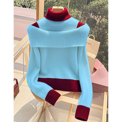 Pull pour dames avec col montant large et contraste de couleur décoratif Chic & Stil