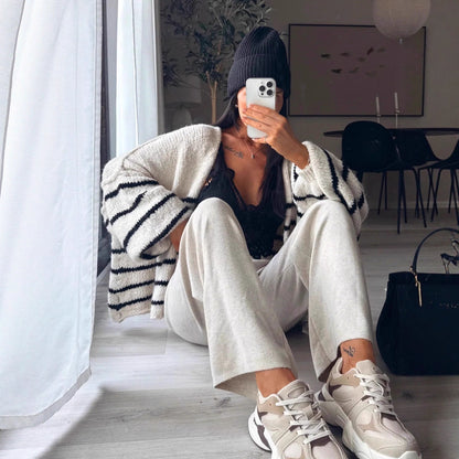 Dames pull long oversized avec design rayé et manches volumineuses Chic und Stil
