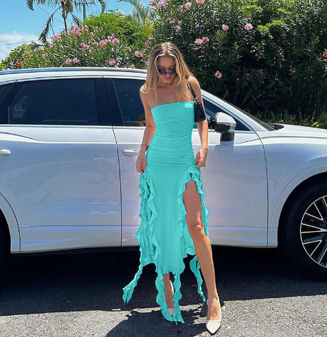 Femmes Élégante Robe Maxi Fendue avec Volants Chic und Stil