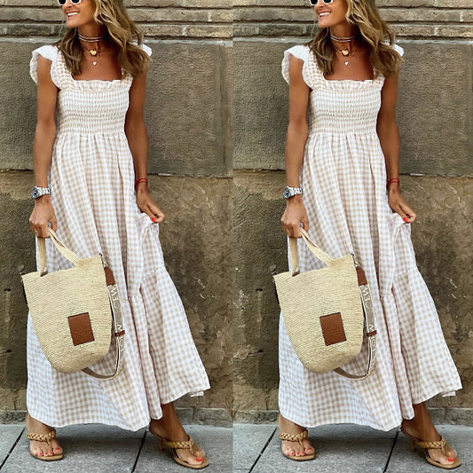 Robe maxi à carreaux pour femmes avec ourlets en volants Chic und Stil