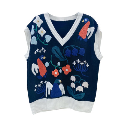 Artistic knitted vest for women with floral embroidery Chic and Style