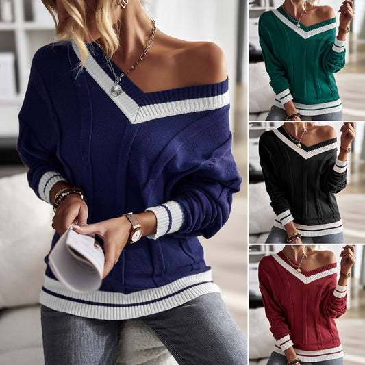 Casual women's top with off-shoulder cut and contrasting ribbed details Chic und Stil