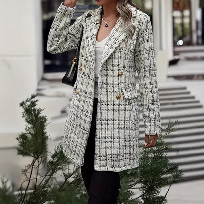 Dames élégant veste à carreaux avec double rangée de boutons et matériau fin Chic und Stil