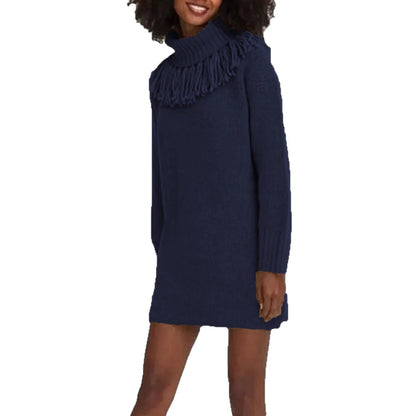 Robe tricotée pour femmes avec bord à franges décoratives et col roulé haut Chic und Still