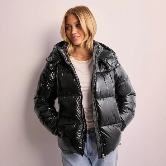 Ladies Shiny Quilted Jacket with Removable Hood Chic and Style