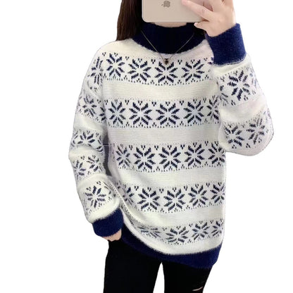 Pull en tricot pour femmes avec un motif moderne de flocons de neige et col montant Chic und Stil