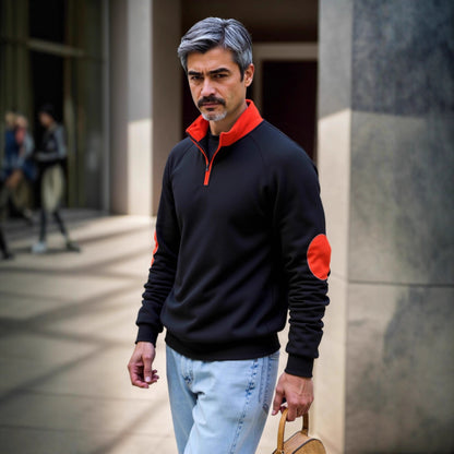Pull en sweat-mode pour hommes avec fermeture éclair fonctionnelle et patchs contrastants aux coudes Chic und Stil