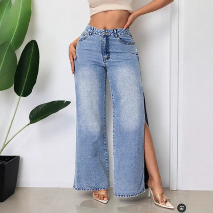 Loose denim pants for ladies with side slits Chic and Style