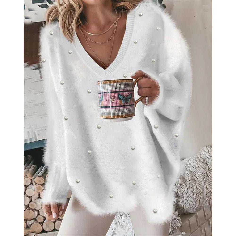 Pull femme oversize à col en V avec perles Chic und Stil