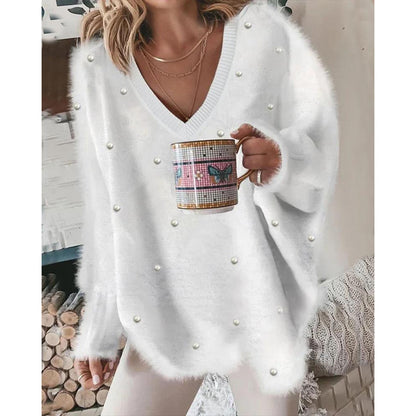Pull femme oversize à col en V avec perles Chic und Stil