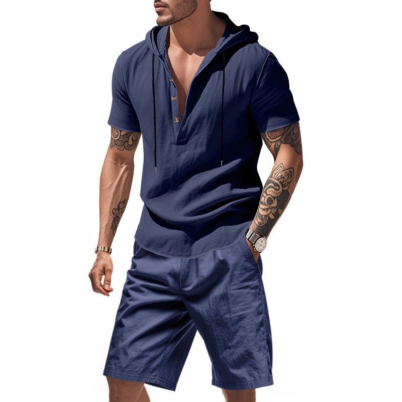 Homme Haut de loisirs à manches longues avec patte de boutonnage et shorts Chic und Stil