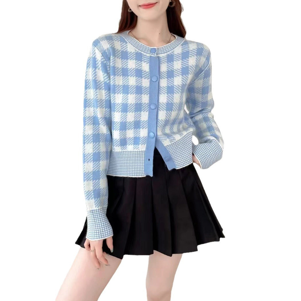 Dames Gilet à carreaux avec col rond et fermeture à boutons Chic und Stil