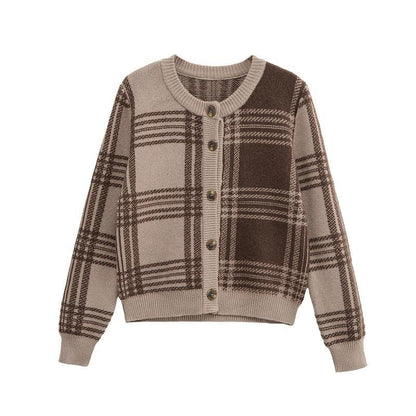 Ladies Checked Cardigan with Button Closure and Ruched Sleeves Chic and Style