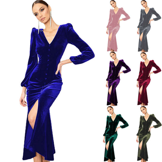 Robe maxi en velours pour femmes avec décolleté en V profond et détails de bouton Chic und Stil