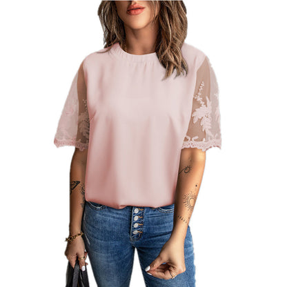 Dames élégant T-shirt avec dentelle aux manches Chic und Stil