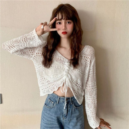 Pull en crochet aéré pour femmes avec cordon de serrage et coupe large Chic und Stil
