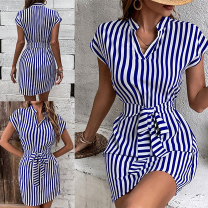 Women's Short Sleeve Shirt Dress with Tie Belt and Elegant Chic and Style Stripe