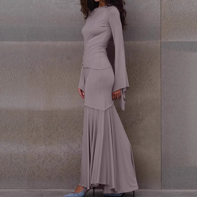 Dames Robe Maxi Élégante avec Ourlet Flottant et Manches Amples Chic und Stil