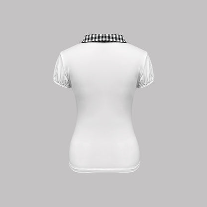 Dame Casual haut avec un col à carreaux frappant et de délicates détails en volants Chic und Stil