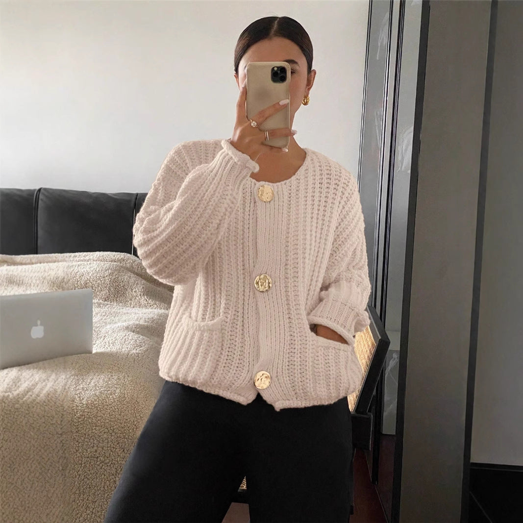 Dames gros tricot veste avec élégants boutons et poches Chic und Stil