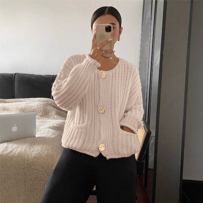 Dames gros tricot veste avec élégants boutons et poches Chic und Stil