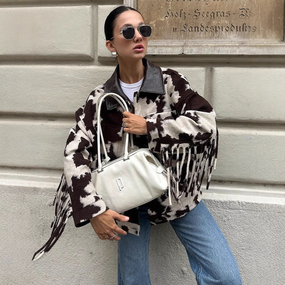 Fringed oversized jacket for women with cow print Chic and Style