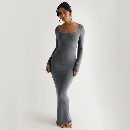 Dames Élégante robe longue avec décolleté en U profond et manches longues Chic und Stil
