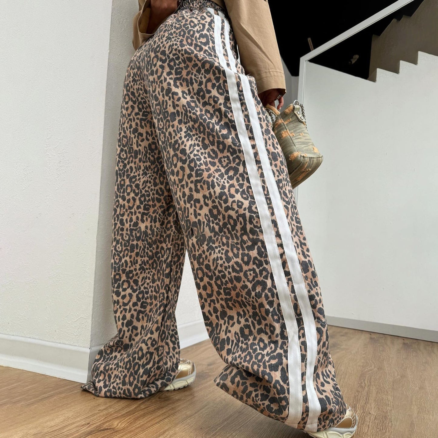 Chic and Stylish Women's Leopard Print Casual Pants with Side Stripes