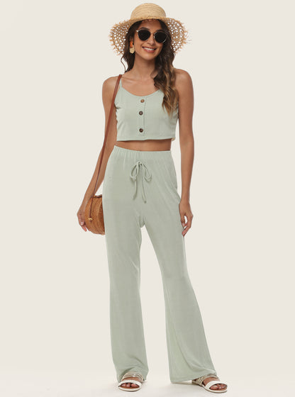 Women Short Ribbed Top and Flared Pants Set Chic and Style