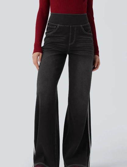 Wide denim pants for women with side stripe and high waist Chic and Style