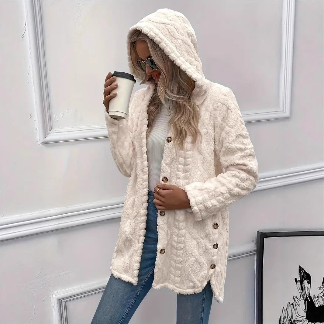 Fuzzy jacket for ladies with hood and button closure Chic und Stil